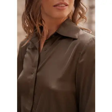 Close-up of a woman wearing a satin-like collared button-up shirt in a dark taupe-brown color, with warm lighting and a softly blurred background.