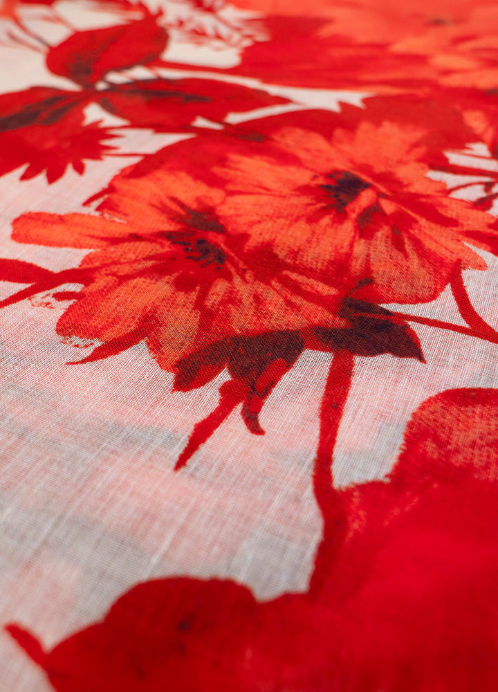 Close-up of red floral pattern on fabric