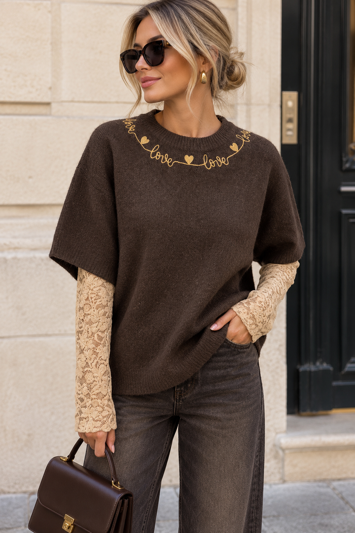 Monique Soft Knit Sweater with Lace Sleeves - Brown