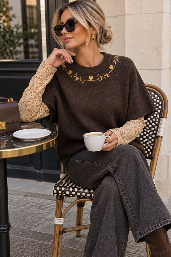 Monique Soft Knit Sweater with Lace Sleeves - Brown