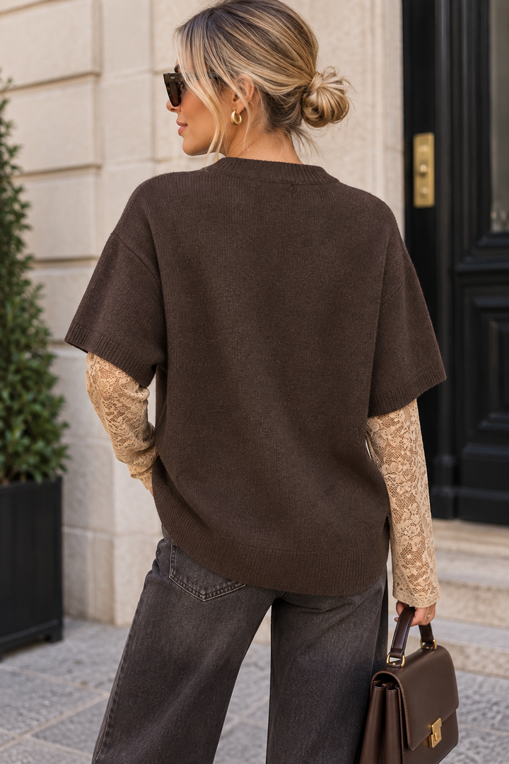 Monique Soft Knit Sweater with Lace Sleeves - Brown