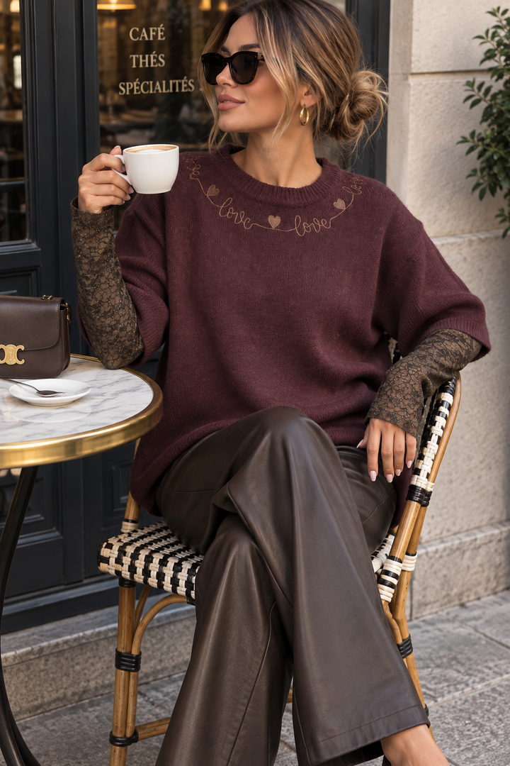Monique Soft Knit Sweater with Lace Sleeves - Plum