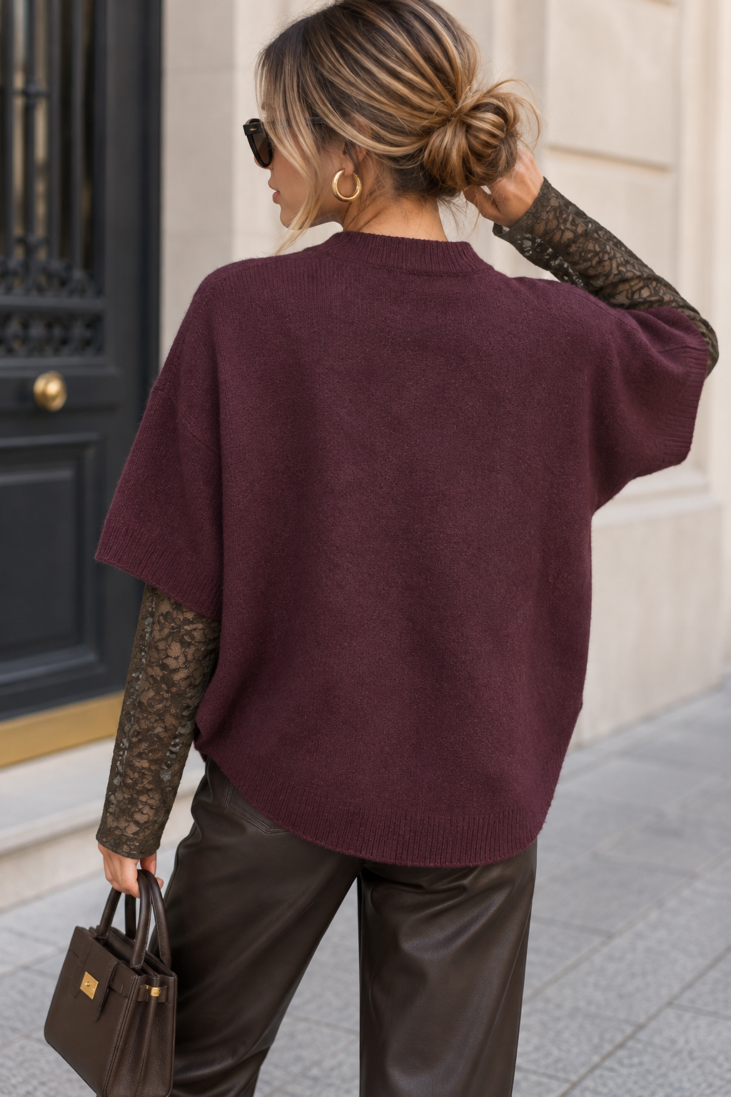Monique Soft Knit Sweater with Lace Sleeves - Plum
