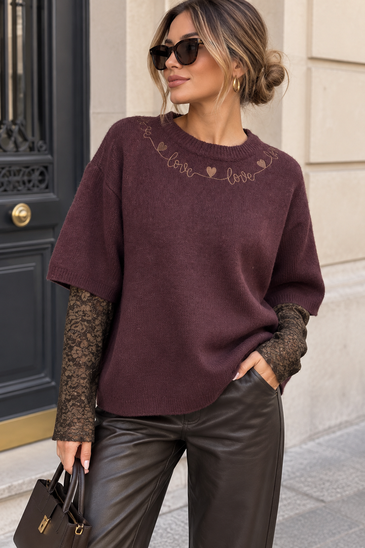 Monique Soft Knit Sweater with Lace Sleeves - Plum