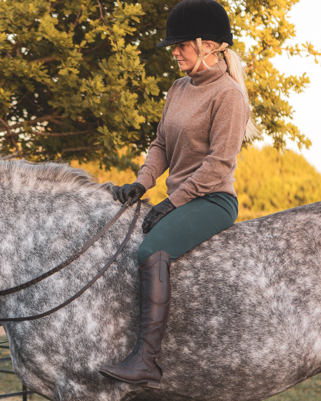 Person riding a horse in an outdoor setting with trees and grass.