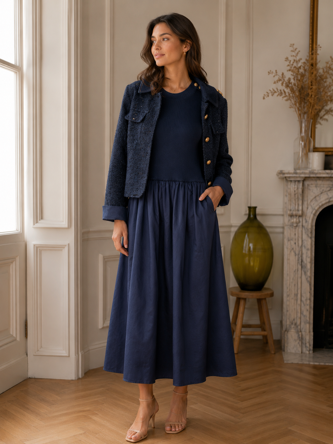 A woman stands indoors wearing a navy blue midi dress with a matching top, styled with a textured navy jacket. She is posed in a classic room with a fireplace, wooden floor, and a green glass vase.
