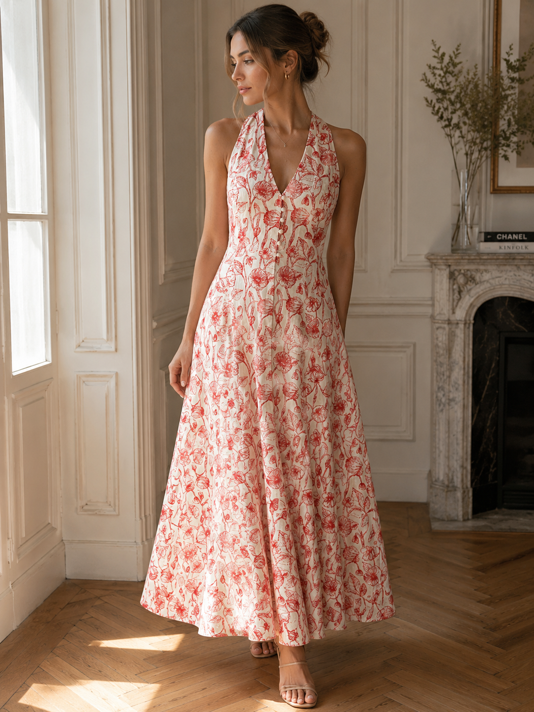 A woman wearing a sleeveless halter-neck maxi dress with a red and pink floral print on a cream background, standing in a sunlit room with a fireplace.