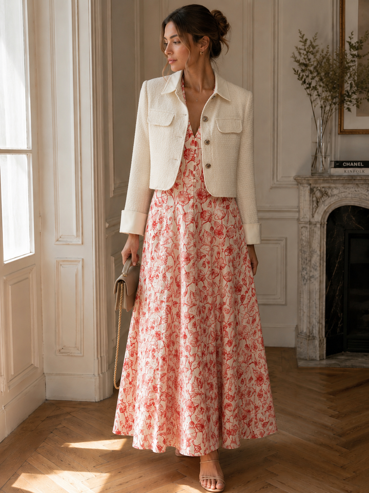 A woman stands in a sunlit room wearing a cream cropped jacket over a pink and white floral maxi dress, holding a small beige handbag.