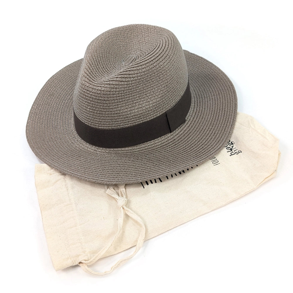 Gray straw hat with a black band on a white background