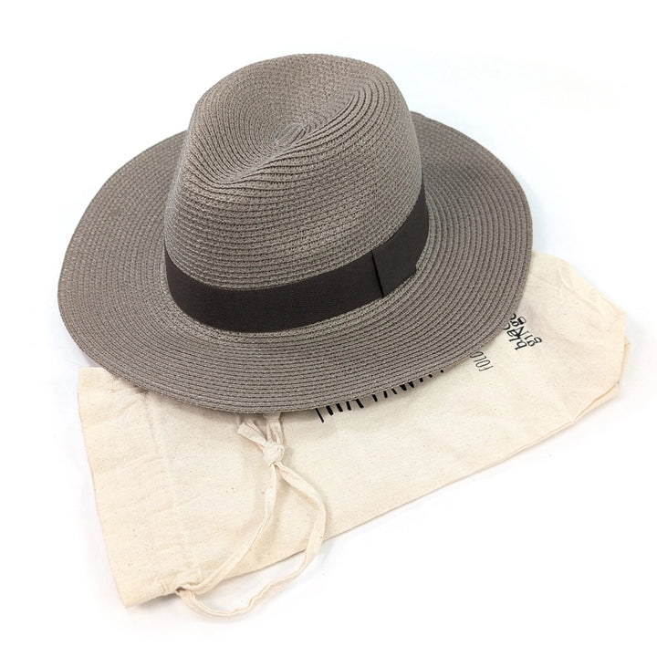 Gray straw hat with a black band on a white background