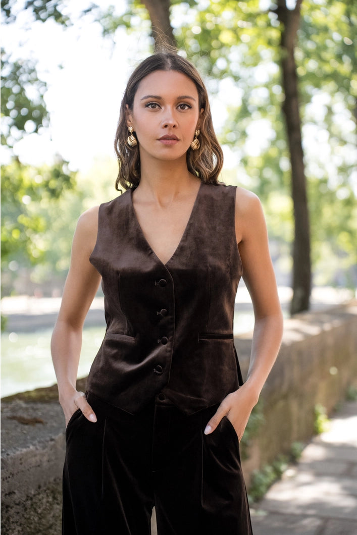 Monica Velvet Sleeveless Waistcoat | Chocolate Brown