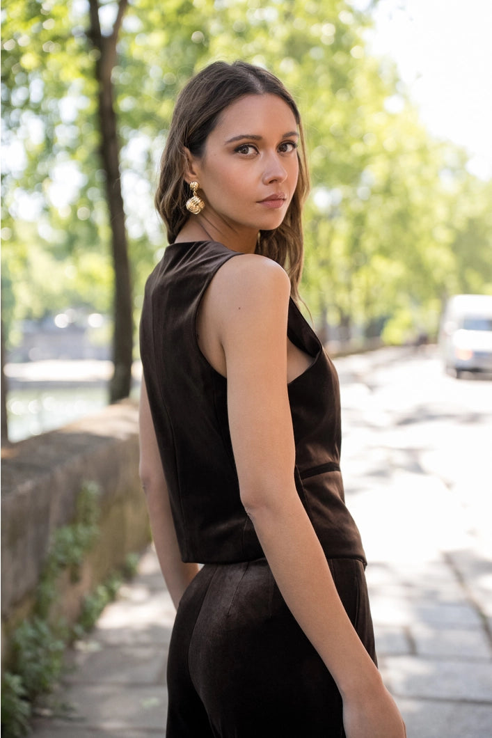 Monica Velvet Sleeveless Waistcoat | Chocolate Brown