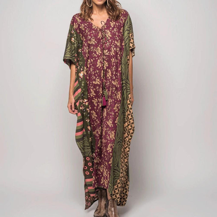 NEW - Patchwork Floral & Geometric Print Maxi Dress in Green - Monica Luz