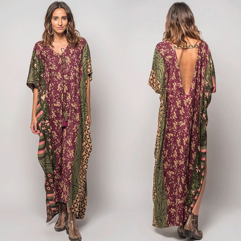 NEW - Patchwork Floral & Geometric Print Maxi Dress in Green - Monica Luz