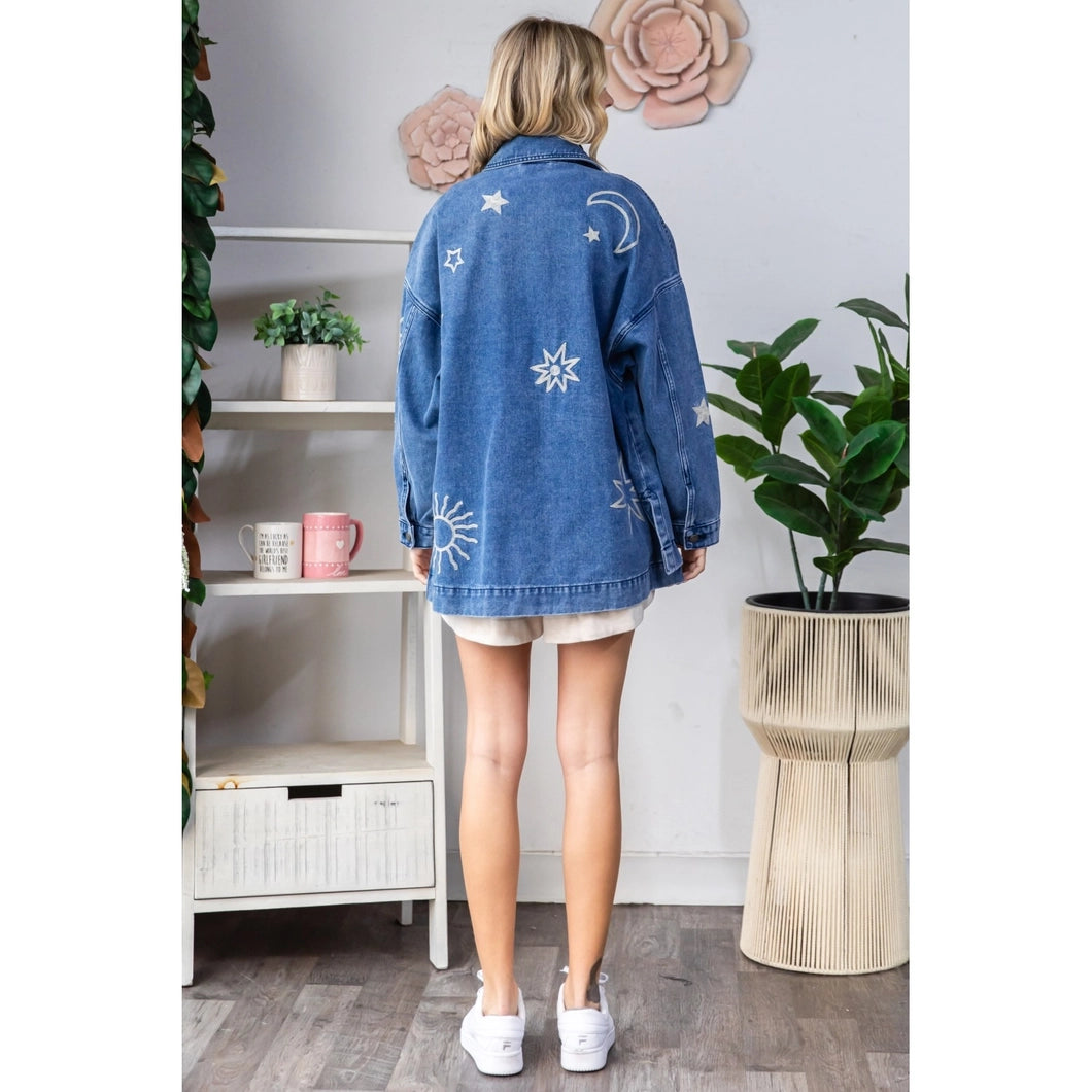 Monica Luz Namaste Embroidered Denim Jacket - Celestial Design, 100% Cotton