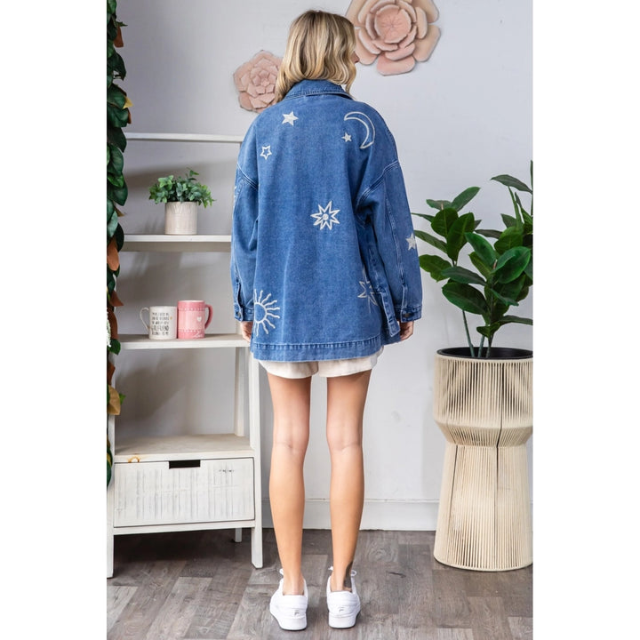 Monica Luz Namaste Embroidered Denim Jacket - Celestial Design, 100% Cotton