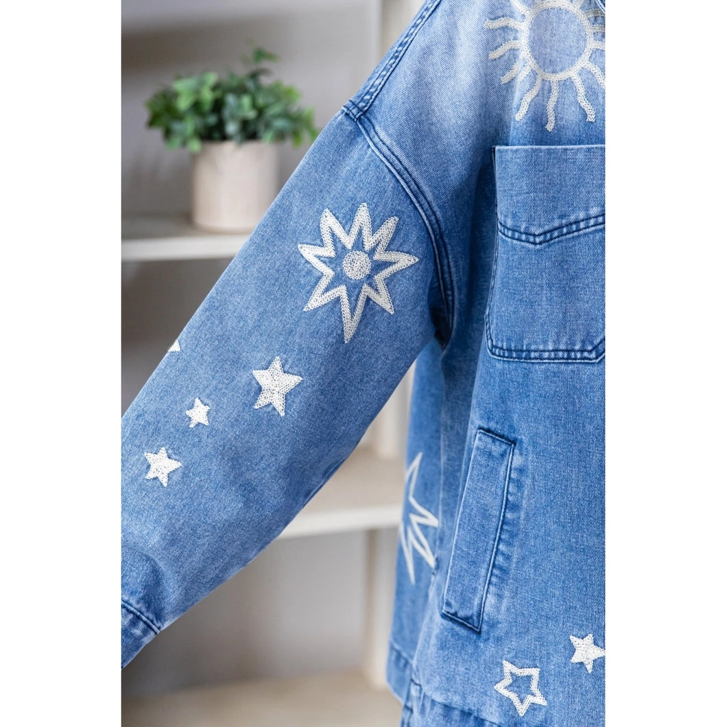 Monica Luz Namaste Embroidered Denim Jacket - Celestial Design, 100% Cotton