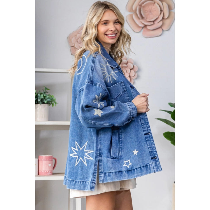 Monica Luz Namaste Embroidered Denim Jacket - Celestial Design, 100% Cotton