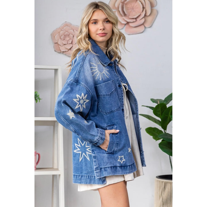Monica Luz Namaste Embroidered Denim Jacket - Celestial Design, 100% Cotton