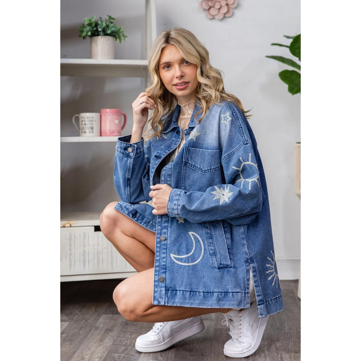 Monica Luz Namaste Embroidered Denim Jacket - Celestial Design, 100% Cotton