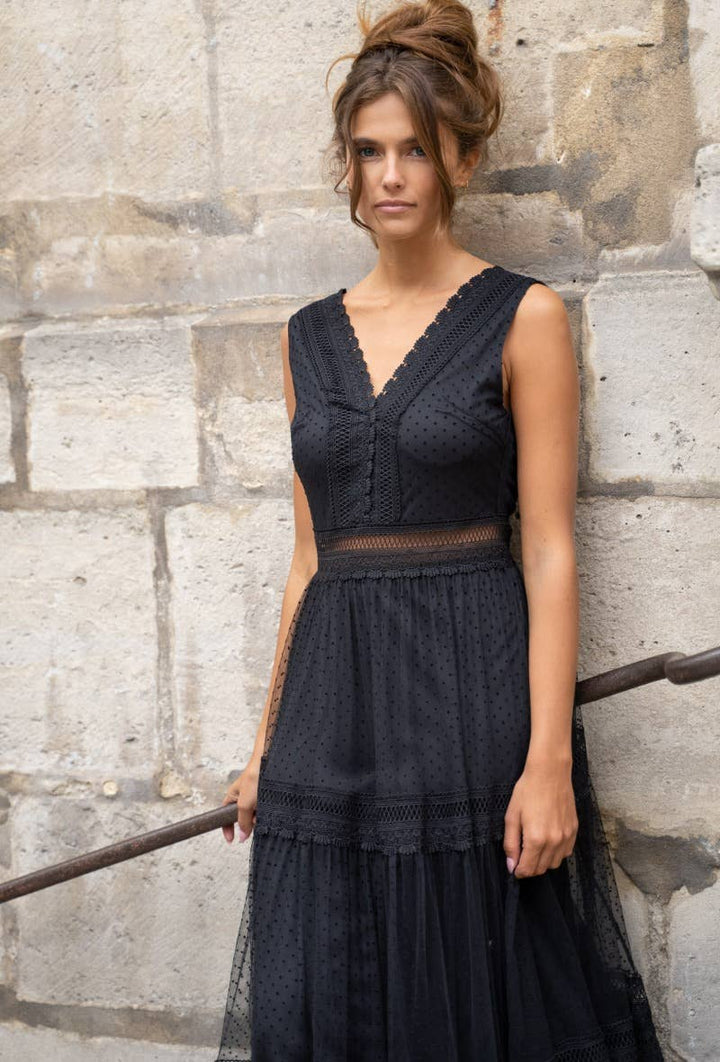 Nikkita Tulle/Lace maxi Dress in Black Polka Dot