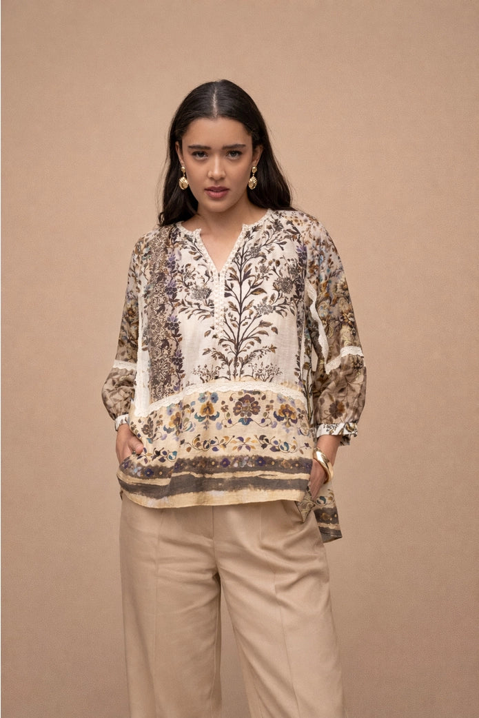 Nora Printed Blouse - Beige mix