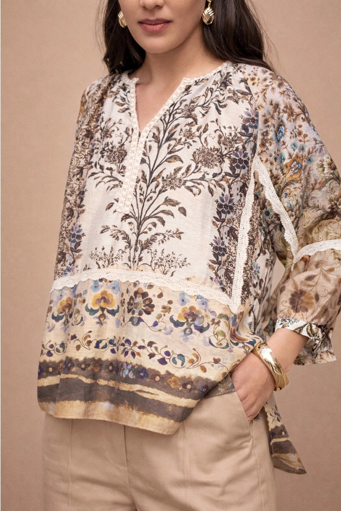 Nora Printed Blouse - Beige mix