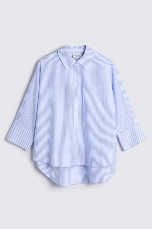 A light blue and white vertically striped button-down shirt with three-quarter sleeves, displayed flat against a light gray background.