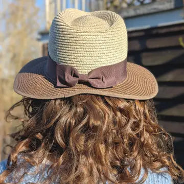 A person viewed from behind wearing a woven straw sun hat with a brown ribbon band and bow, outdoors with warm sunlight and blurred background elements.
