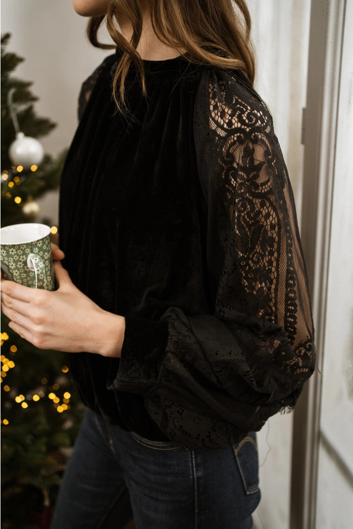 Ophelia Velvet and Lace sleeve Top - Black