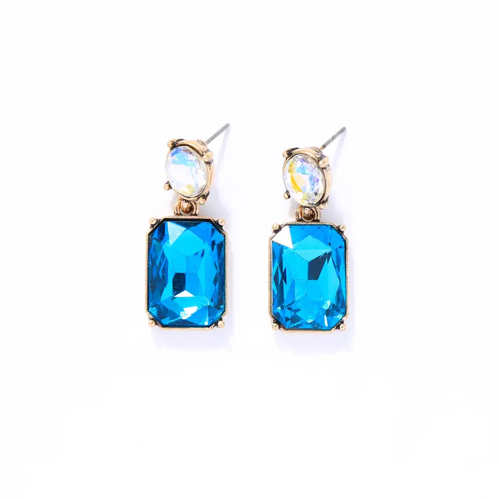 Pair of earrings with blue gemstones on a white background