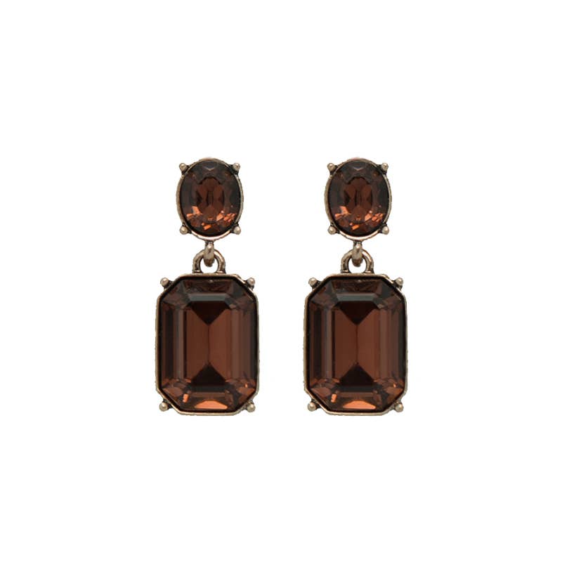 Pair of brown gemstone earrings on a white background
