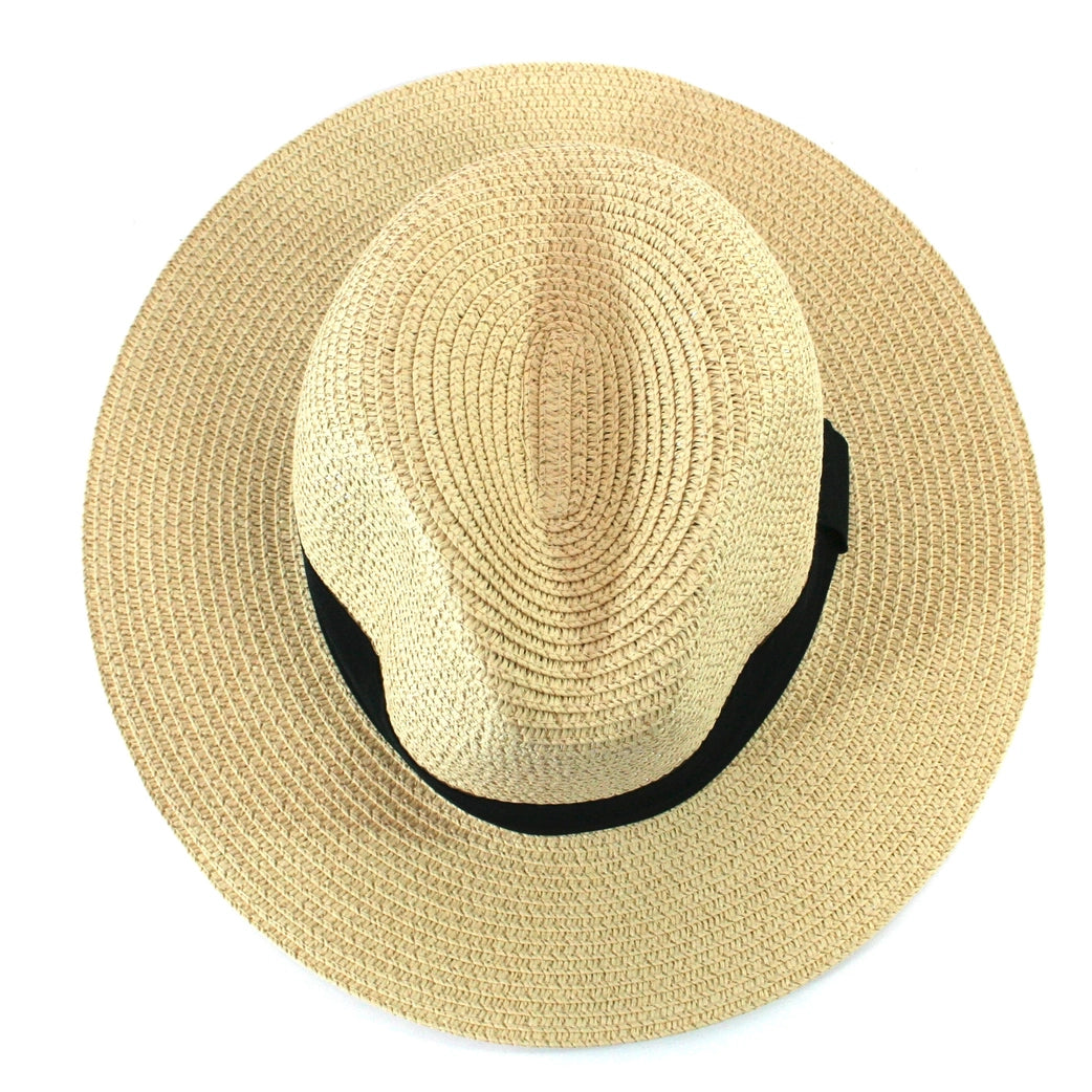 Beige straw hat with a black band on a white background