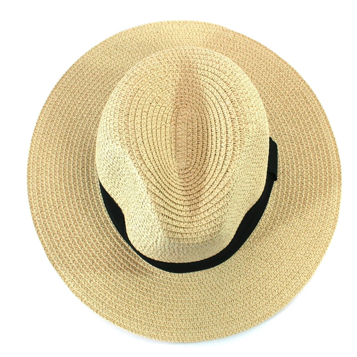 Beige straw hat with a black band on a white background