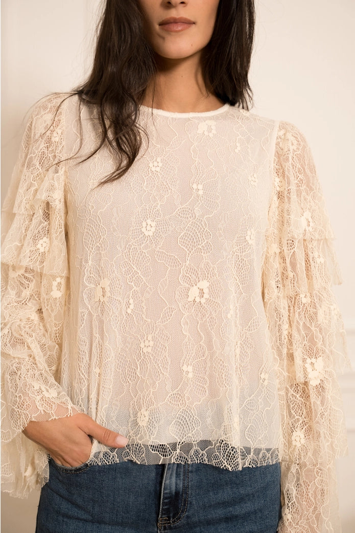 Woman wearing a beige lace top with a plain background