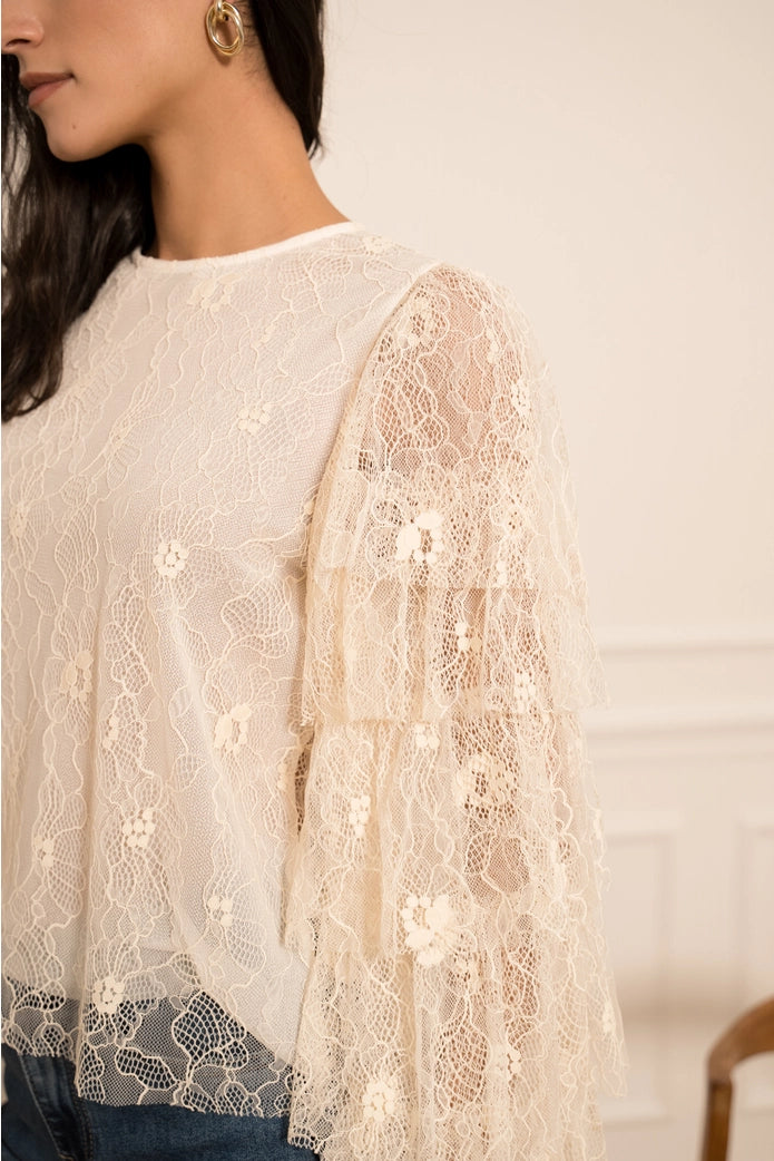 Close-up of a person wearing a beige lace top with a blurred background