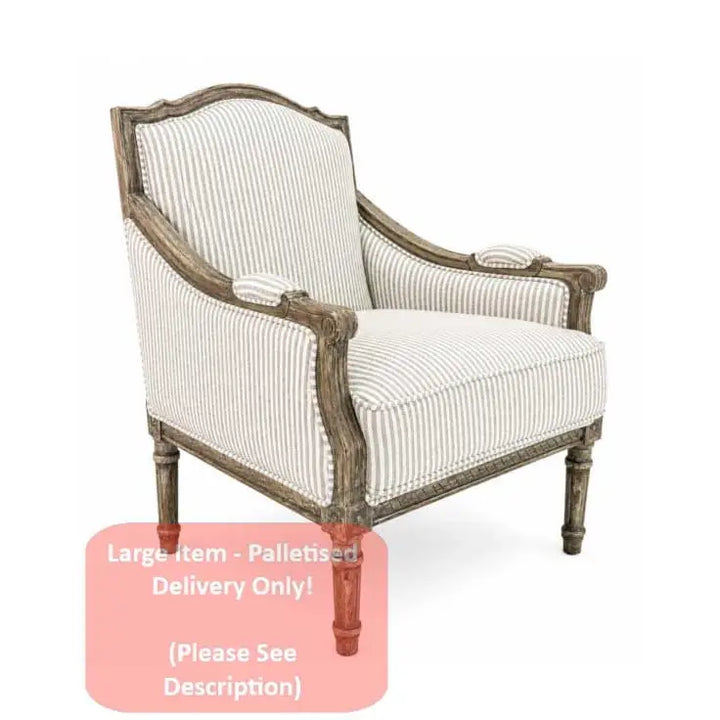Pearson-Style Blue & White Pinstripe Wooden Armchair
