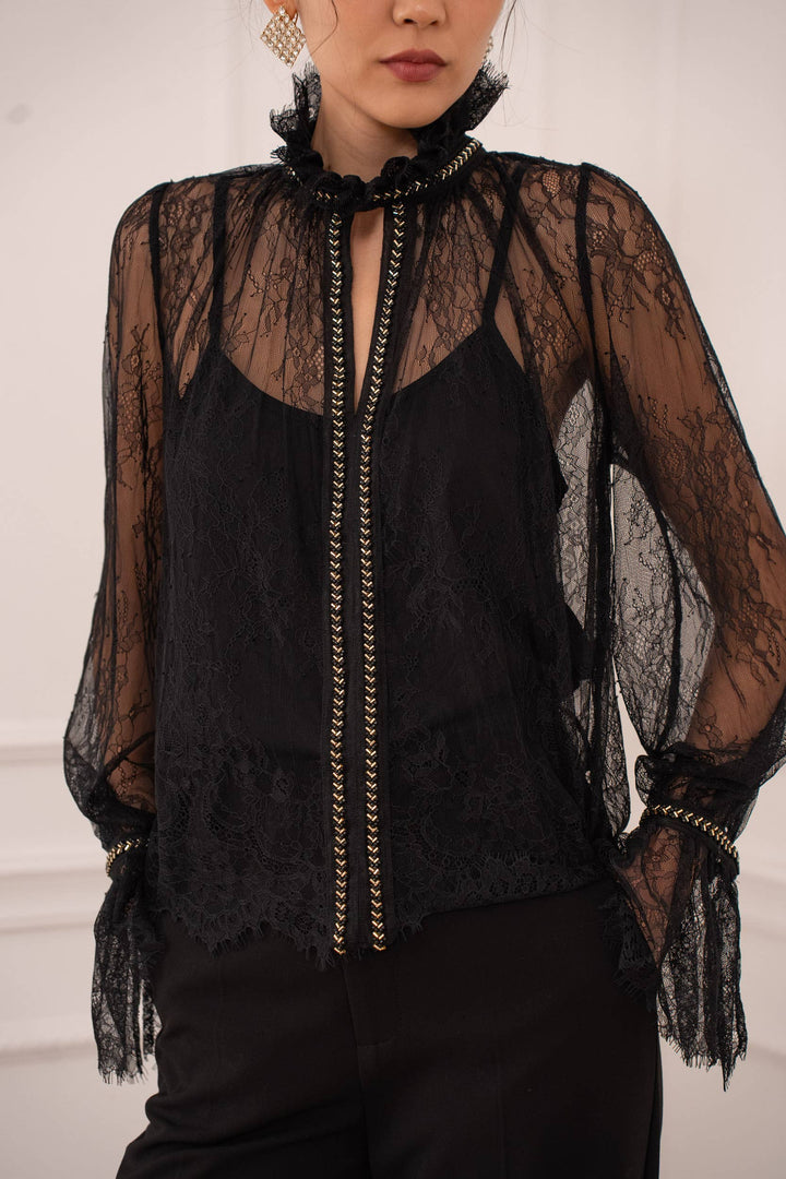Person wearing a black lace top with sheer sleeves against a white background