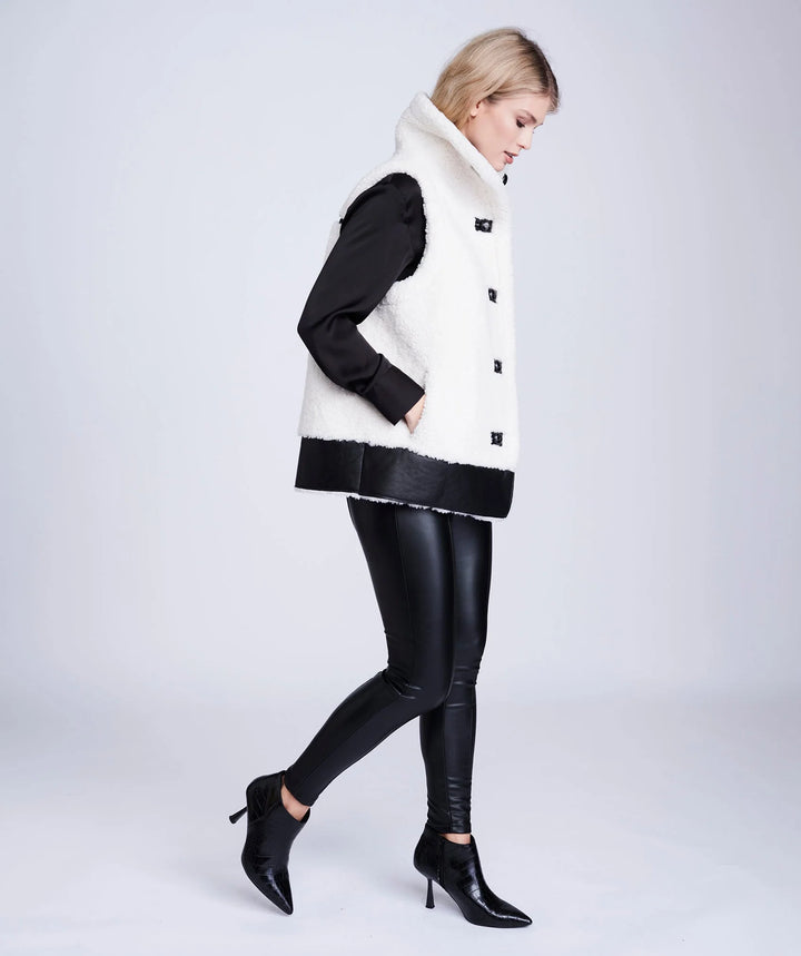 Pia Rossini | Winter White Borg Gilet with Faux Leather Details and Button Closure