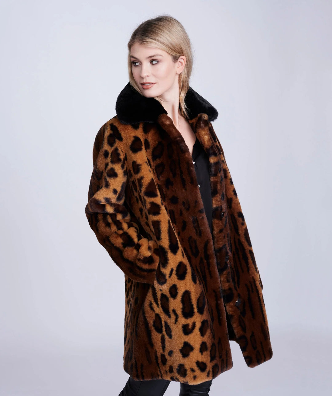 Pia Rossini |Gigi Leopard Print Faux Fur Coat with Notched Lapel