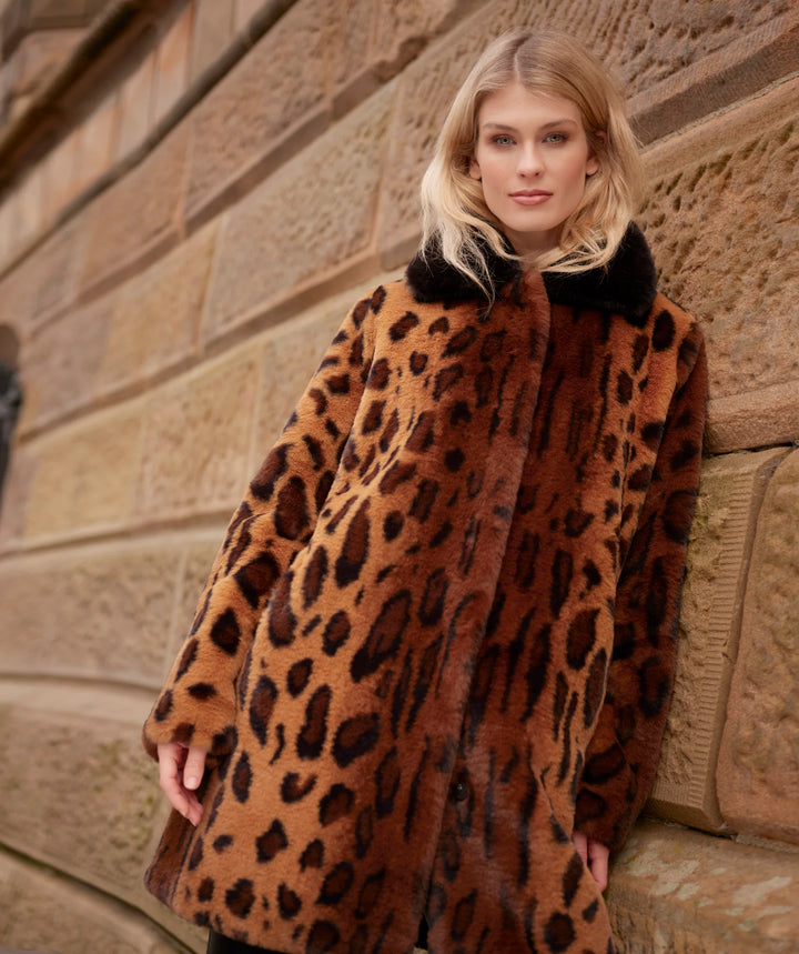 Pia Rossini |Gigi Leopard Print Faux Fur Coat with Notched Lapel