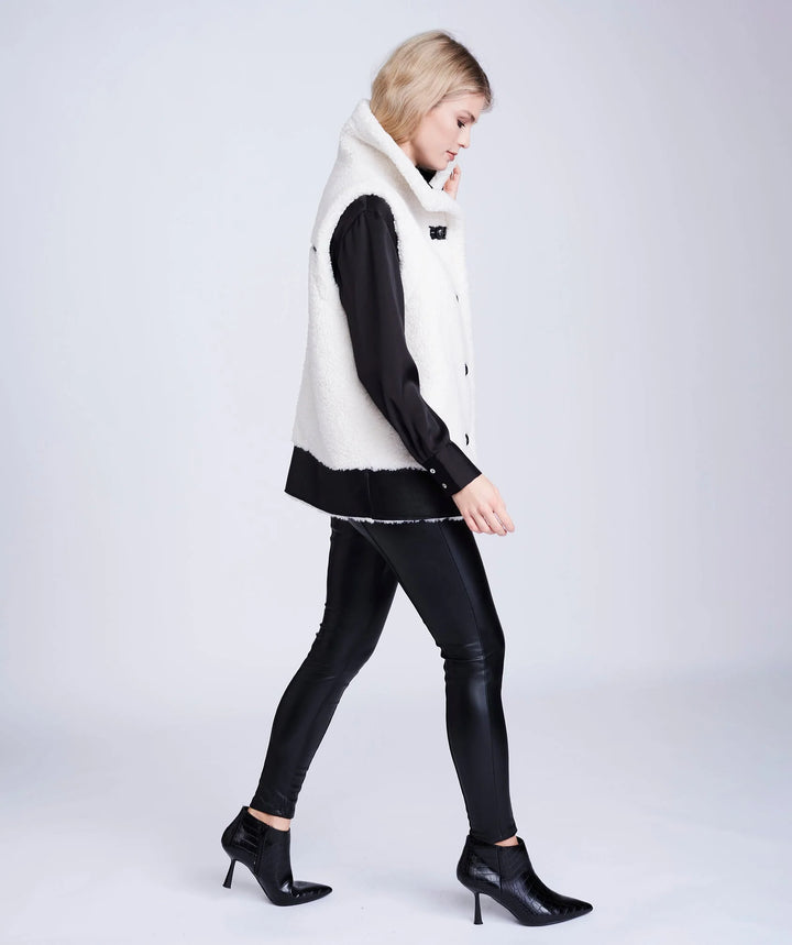 Pia Rossini | Winter White Borg Gilet with Faux Leather Details and Button Closure