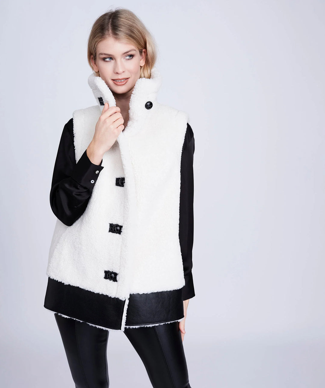 Pia Rossini | Winter White Borg Gilet with Faux Leather Details and Button Closure