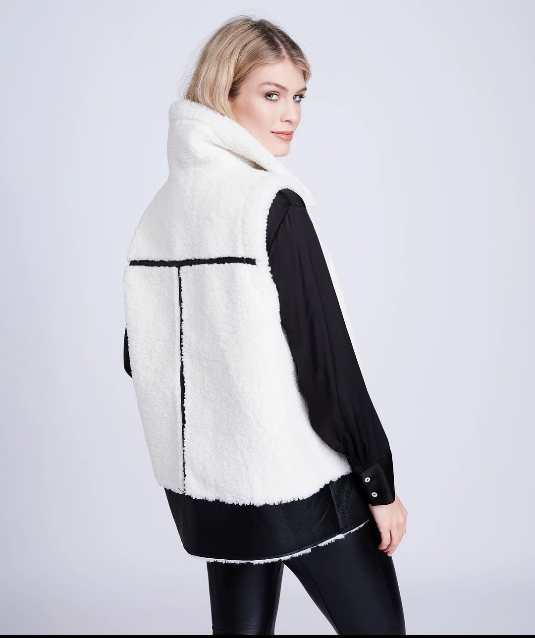 Pia Rossini | Winter White Borg Gilet with Faux Leather Details and Button Closure