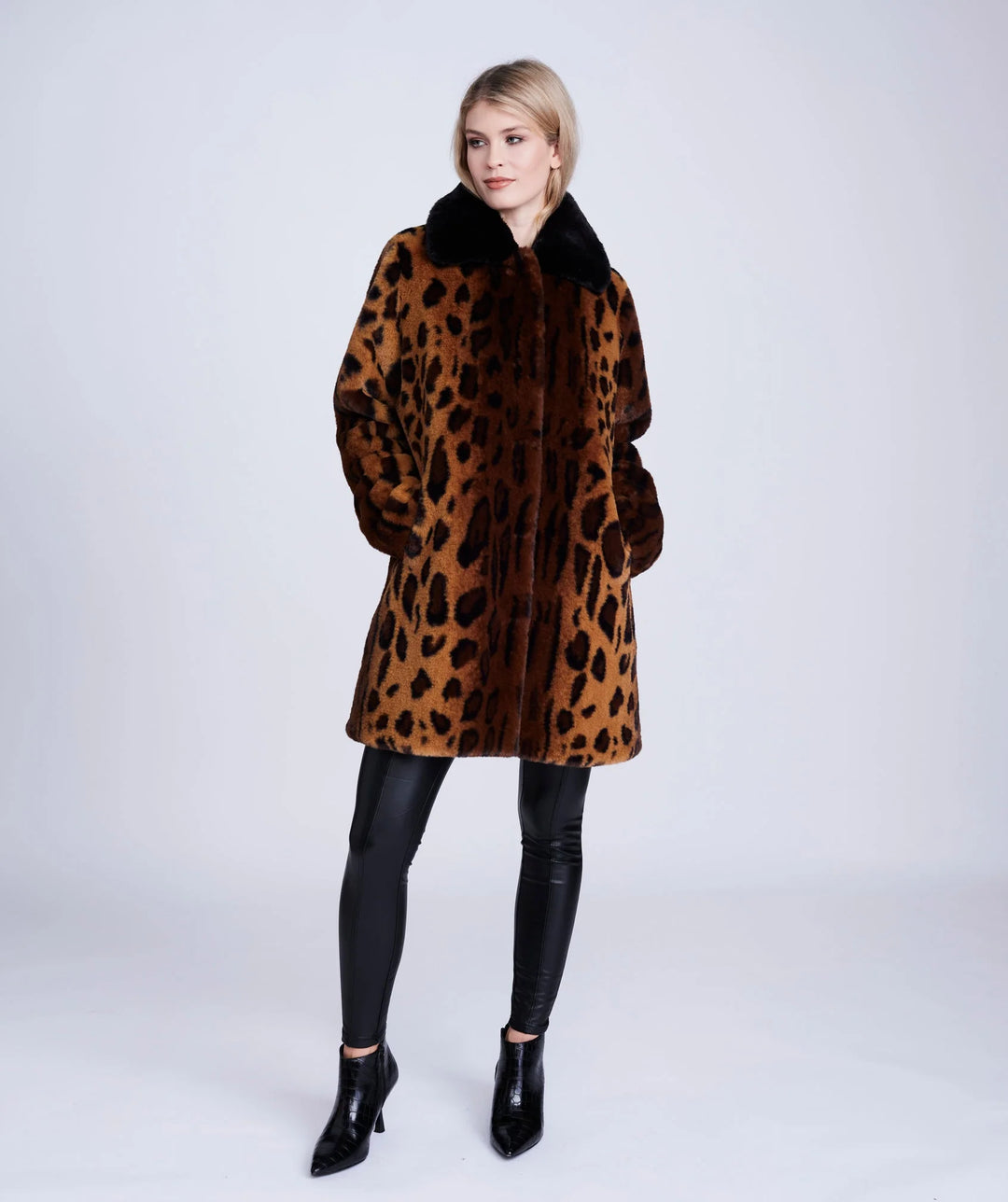 Pia Rossini |Gigi Leopard Print Faux Fur Coat with Notched Lapel