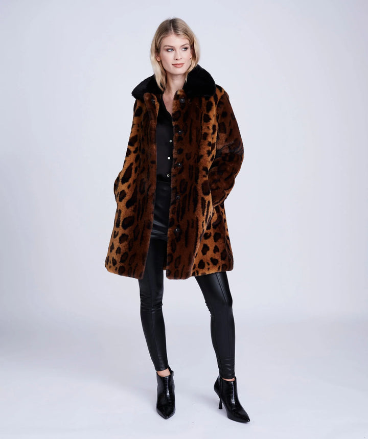 Pia Rossini |Gigi Leopard Print Faux Fur Coat with Notched Lapel