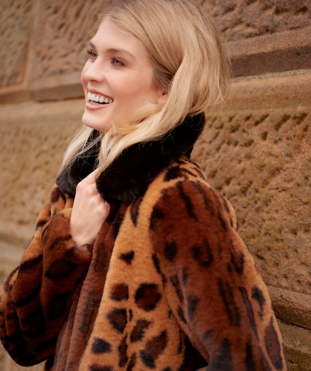 Pia Rossini |Gigi Leopard Print Faux Fur Coat with Notched Lapel