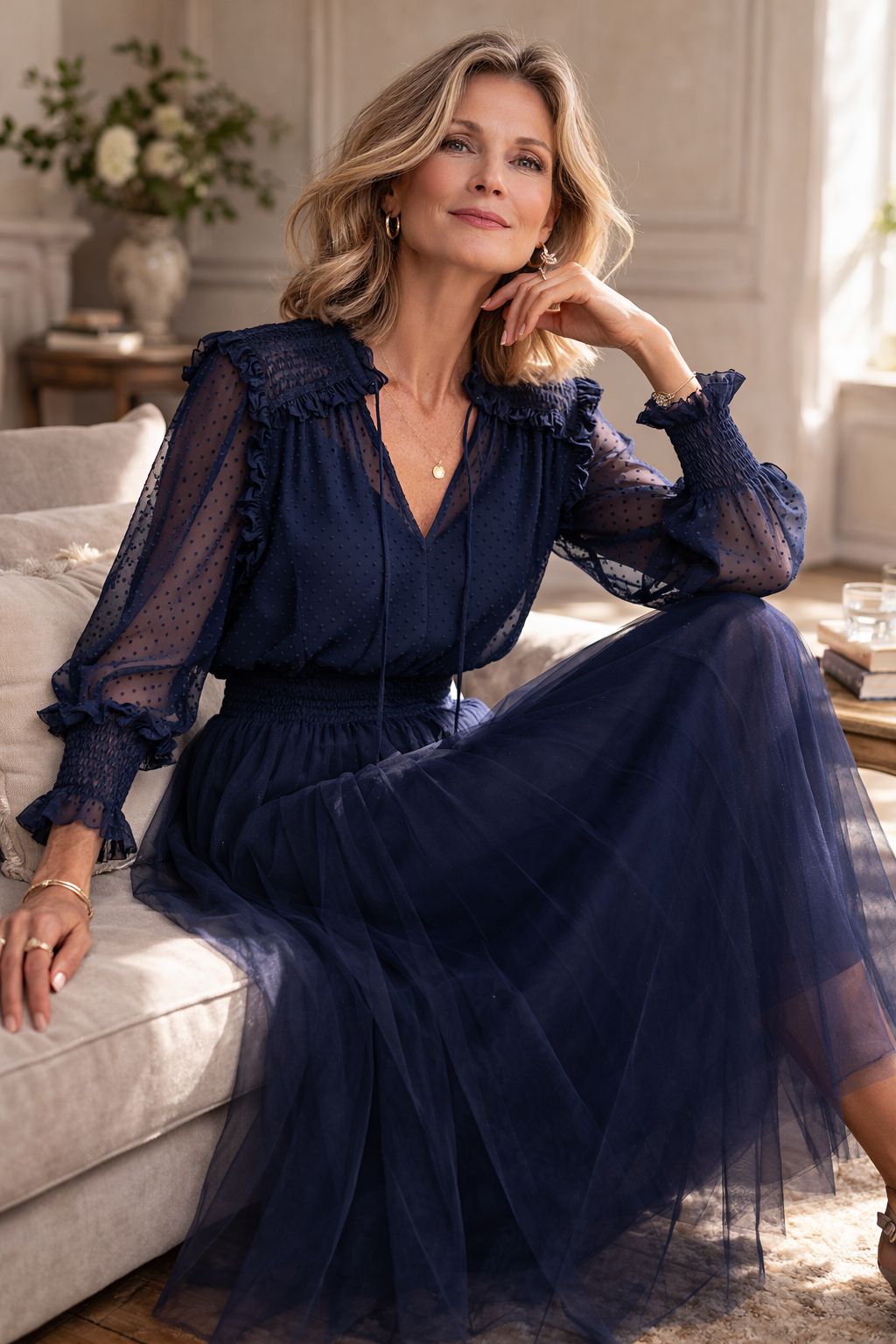 Woman in a navy blue dress sitting on a couch in a well-lit room.