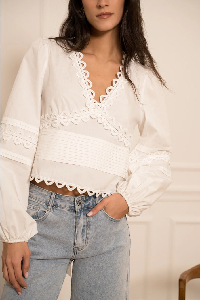 Provence Cotton & Lace V-Neck Blouse - White