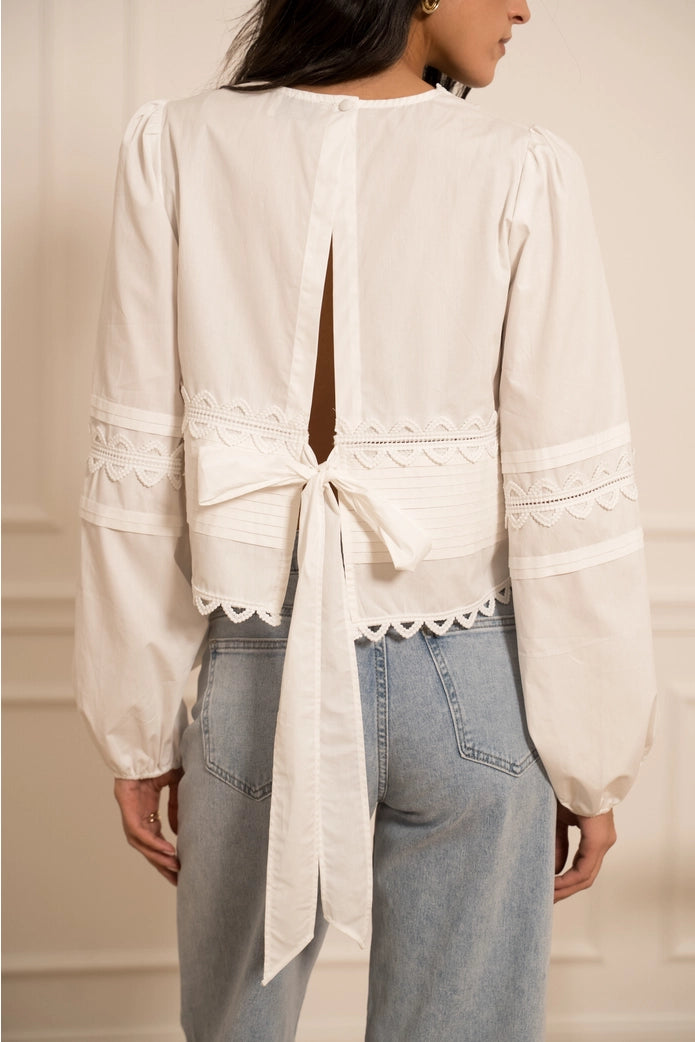 Provence Cotton & Lace V-Neck Blouse - White